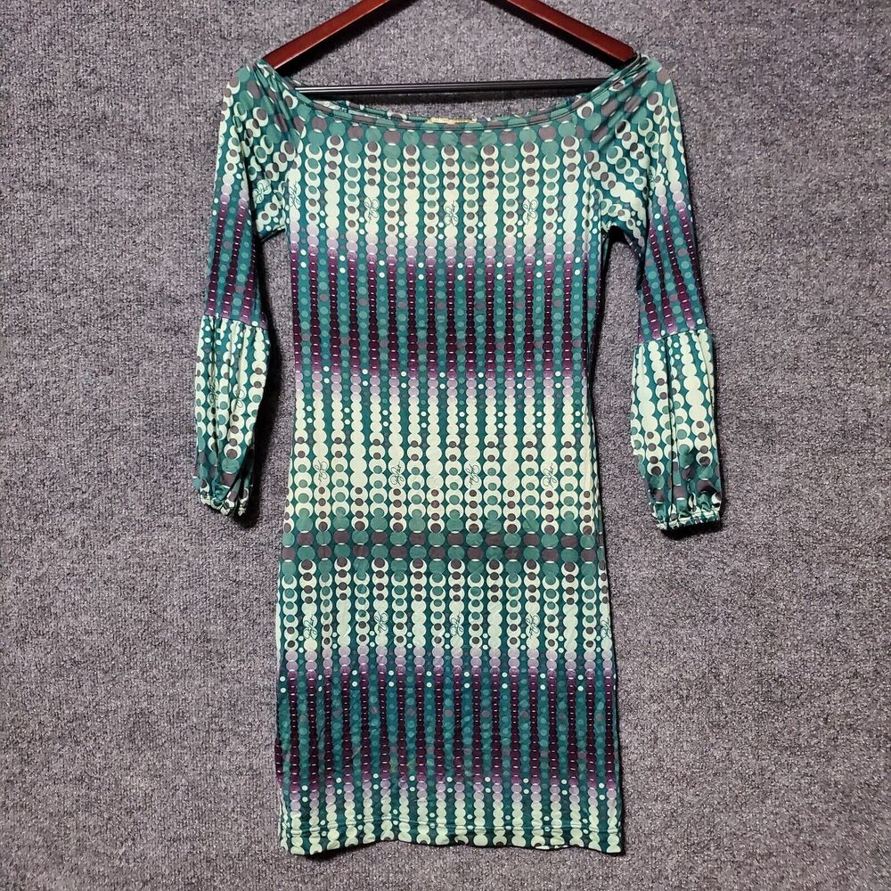 Vintage Y2K Baby Phat Black Geometric Print Dress 3/4 Sleeve Teal Multicolor S